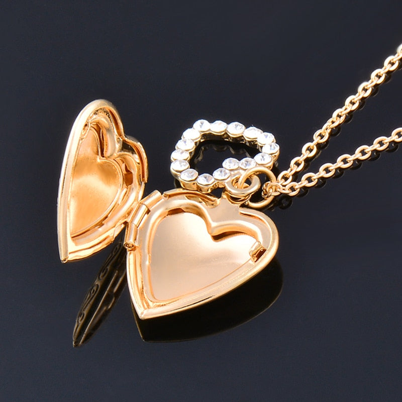 Gold Color Photo Frame Open Heart Locket Pendant Necklace For Women