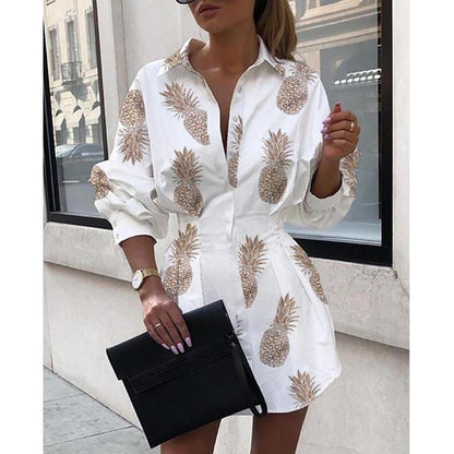 Buttons Turn-Down Long Sleeve Bandage Elegant Office Dress