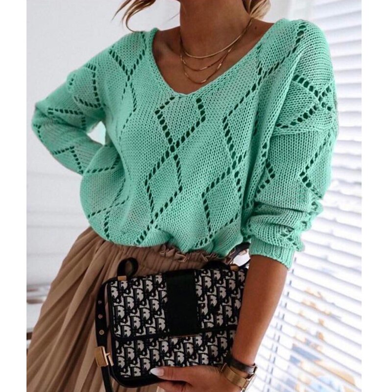 Women Long-sleeved Knit Sweaters Office Lady V-Neck Hollow Loose Jumper Pullovers