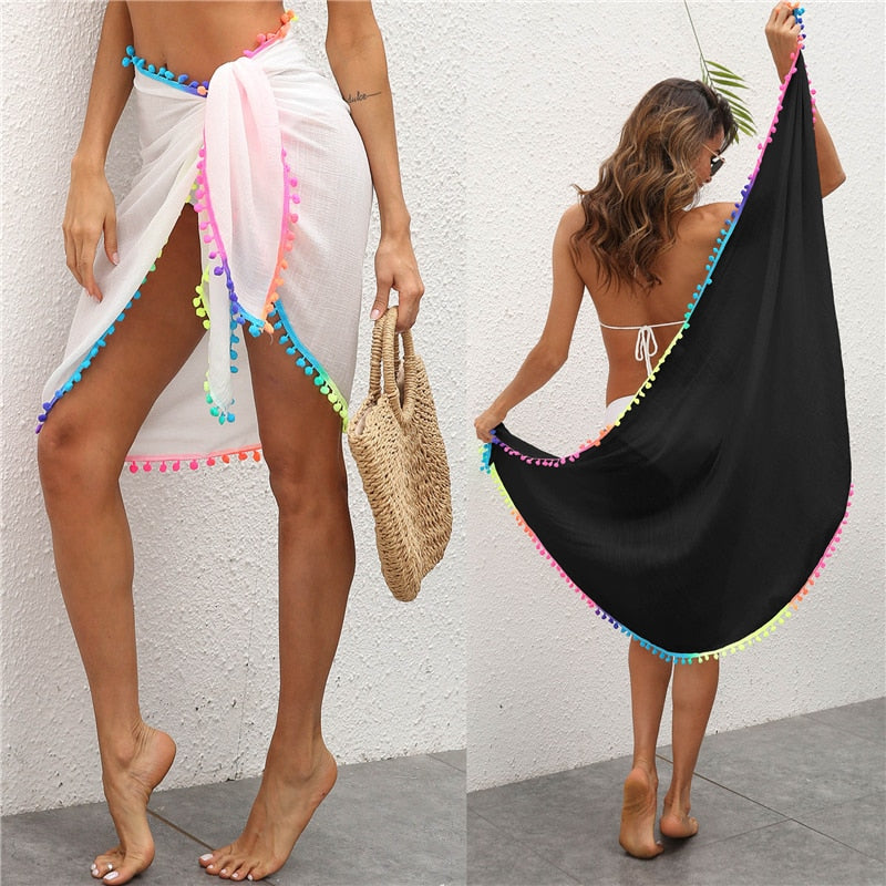 Women Colorful Tassel Chiffon Scarves Swimsuit Bikini Cover Up Sexy Skirt One Piece Irregular Scarf Female Sarong Beach Wear