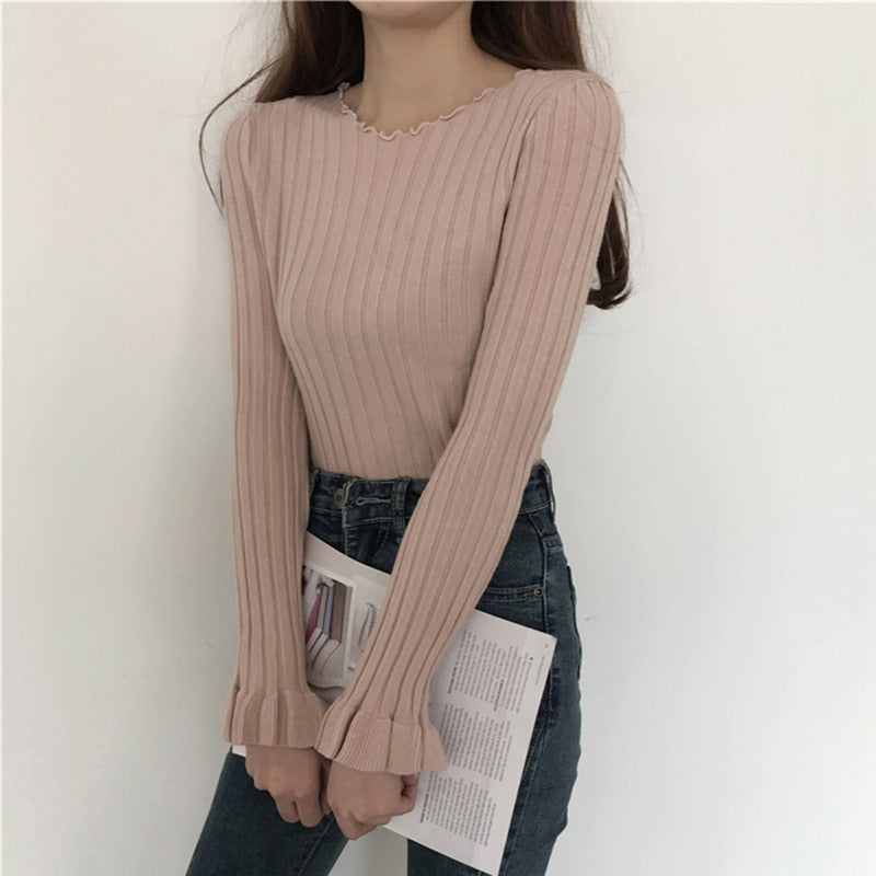 Ruffles Pullovers Solid Flare Sleeve Women Sweaters Slim