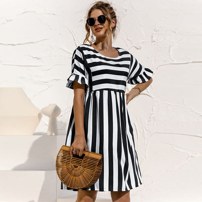 Cute Loose Striped Print Elegant A Line Patchwork Ruffles Sleeves Dresses