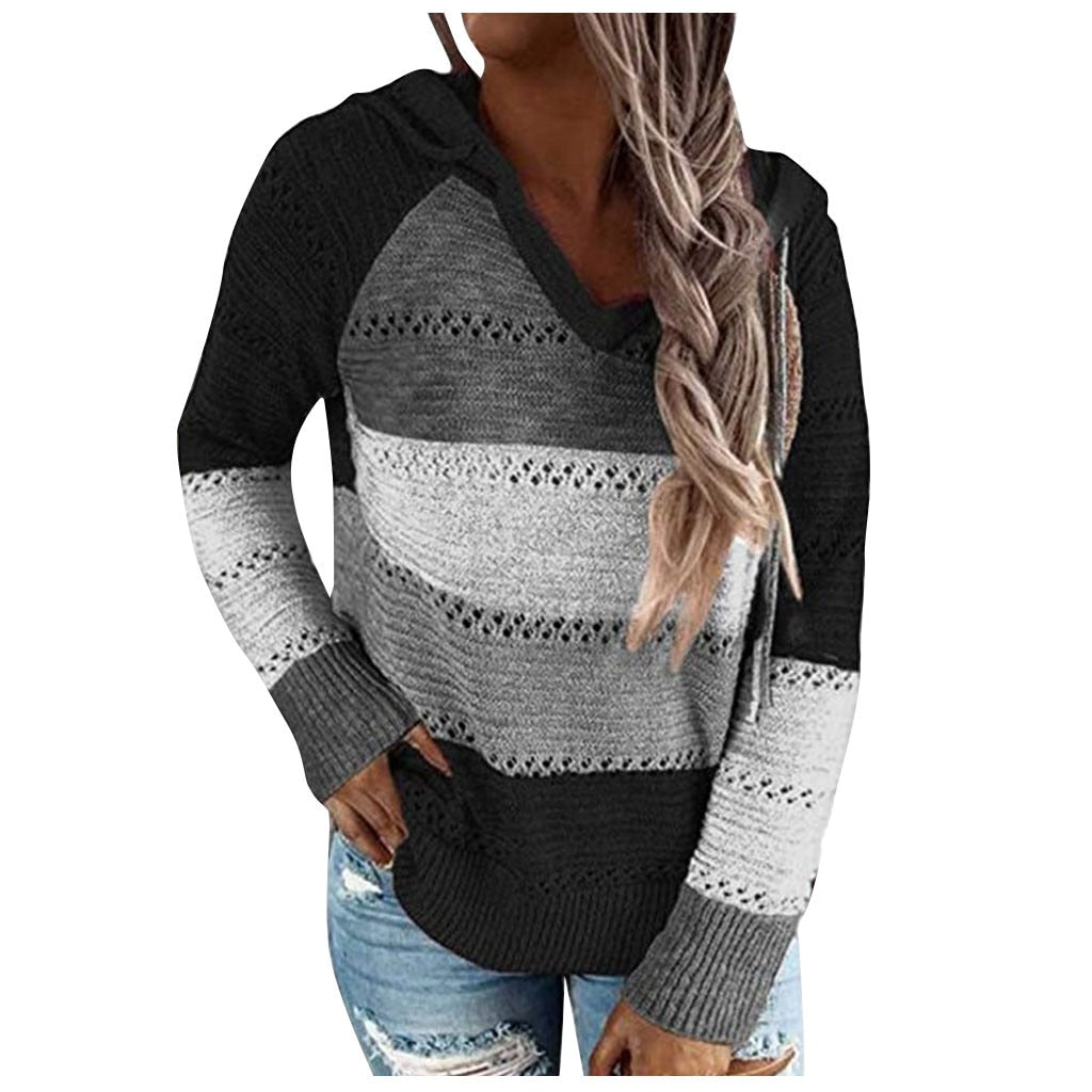 V-Neck Long Sleeves Hooded Sweater Blouse