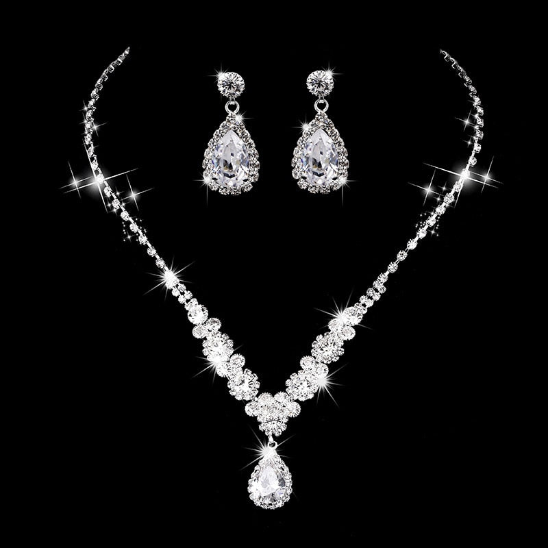 Water Drop Rhinestone Long Pendant Full Crystal Silver Plated Necklace &amp; Earrings Elegant Bridal Wedding Jewelry Set