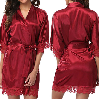 Satin Lace Sexy Sleepwear Lingerie Night Mini Solid Dress V Neck Nightgown Gown