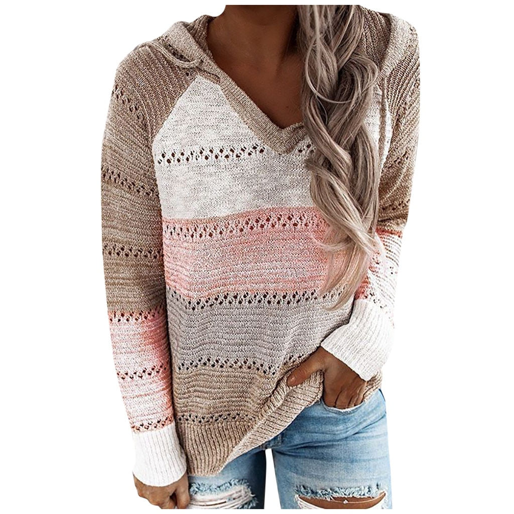 V-Neck Long Sleeves Hooded Sweater Blouse