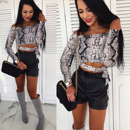 Snakeskin Print Off Shoulder Crop Top Long Sleeve Slim Blouse