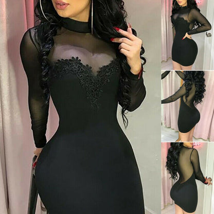 Skinny Summer Dress 2019 Mesh Transparent Sexy Black Women Dress Casual Long Sleeve Evening Party Mini Short Sexy Dress Bodycon