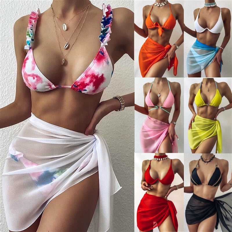 2021 New Women Chiffon Swimwear Pareo Scarf Bikini Cover-Ups Wrap Kaftan Sarong Beach Sexy Skirts 12 Color Swimsuit Cover-Ups