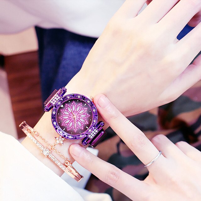 Rose Gold Flower Dial Clock Women Quartz Wrist Watches Box Set