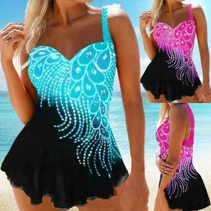 Feather Print Tankini Swimwear With Brief Swim Costume Two Piece Tummy Control Swimsuit High Waist Bathing Suit Plus Size