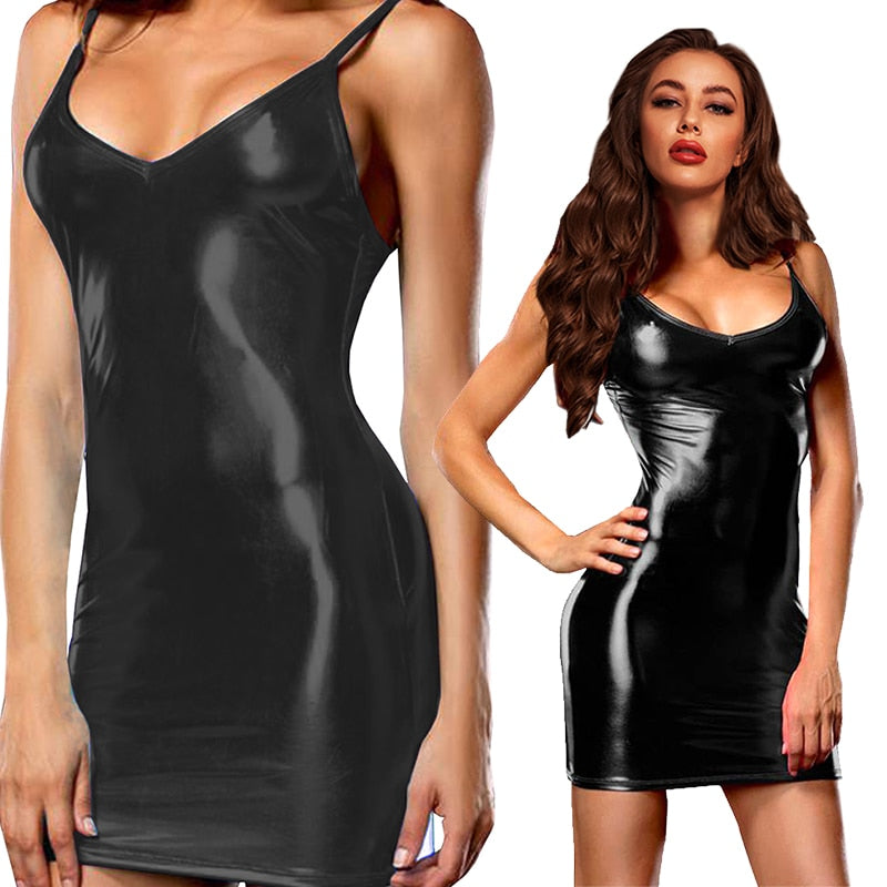 Sexy Erotic Hot Pu Metallic Leather Mini Dress For Women Clubwear Nightwear Zipper Tight Porn  Wetlook Women Cotillon Dress