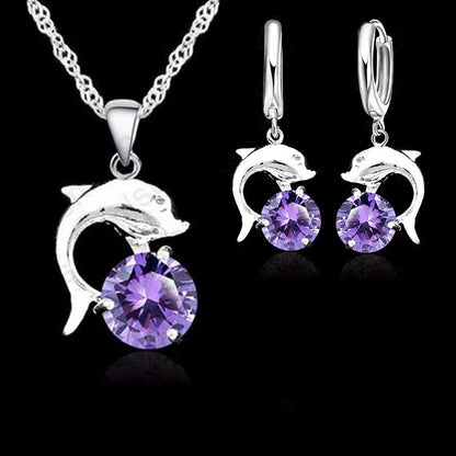 925 Sterling Silver Jewelry Sets for Women Grils Wedding Engagement CZ Diamond Dolphin Pendant Necklace Hoop Earrings