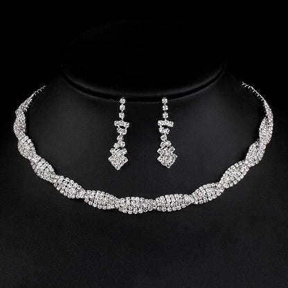 TREAZY Silver Color Wedding Jewelry Set Sparkly Rhinestone Crystal Twisty Choker Necklace Earrings Set Charm Bridal Jewelry Set