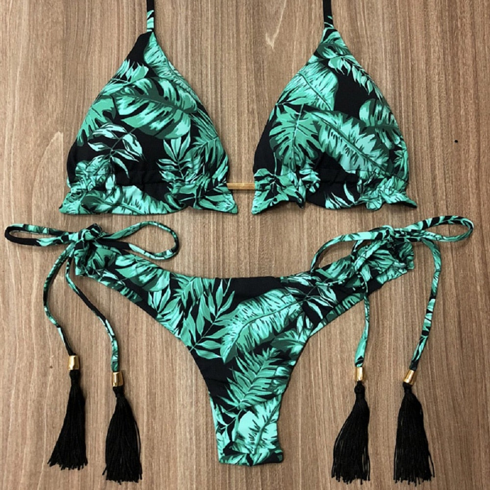 Sexy Floral Print Bikinis Striped Patchwork Swimsuit Women Bandage Bikini Set