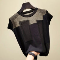Korean Patchwork Ice Silk Knitted Thin Blouse