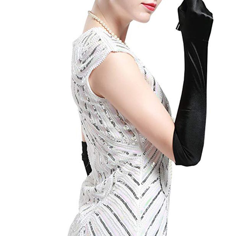 1920s Charleston Flapper Girl Costume Set Fancy Dress Imitation Pearl Bead Necklace Long Black Gloves Cigarette Holder for Women
