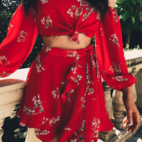 Summer Fashion Women Red One Shoulder Beach Dresses Bandage Bandeau Floral Crop Top Short Skirt Outfit Sundress Two Piece Set