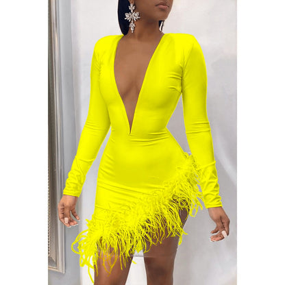 Women Winter Mini Dress 2021 O-Neck Mesh Feather Patchwork Sexy Night Club Party Bandage Street Bodycon Dresses