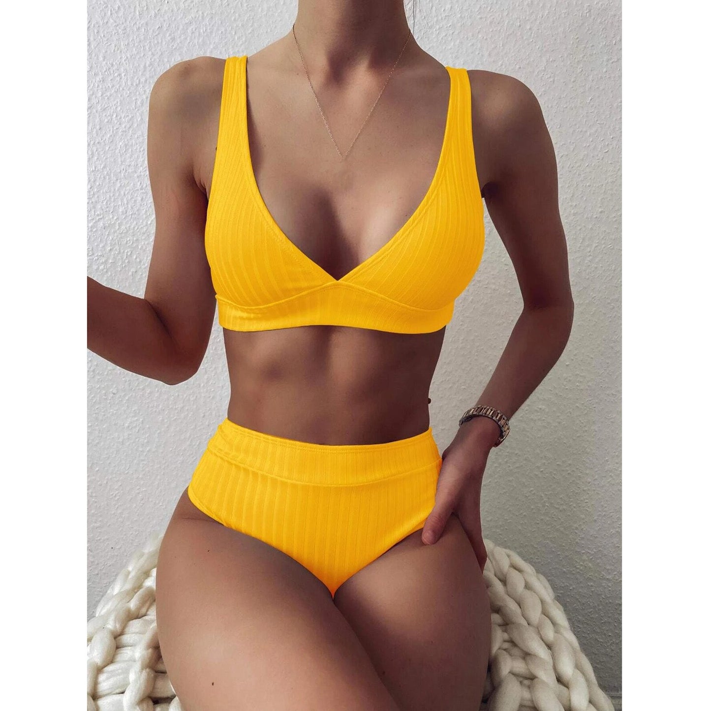 Solid Color Swimwear Women Bikinis Push Up High Cut Hight Waist Halter Bikini Set Two Piece Swimsuit