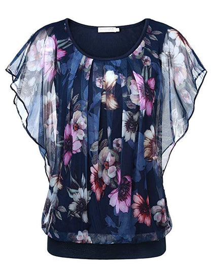 Flower Printing O Neck Flare Short Sleeve Blouse