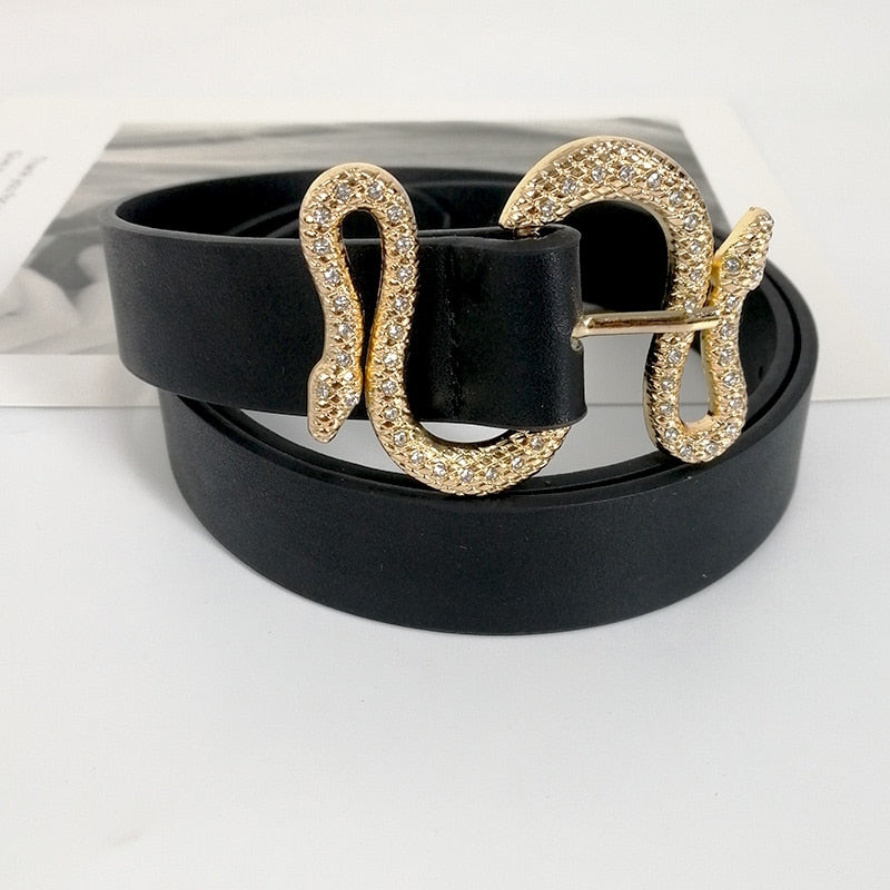 Shinny rhinestone snake buckle leather belt