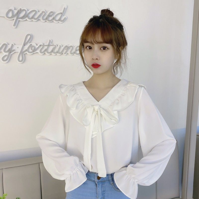 Shirts Womens Retro V-Neck Elegant Bow Knot Flare Sleeve Kawaii Solid Blouses 2020 New Autumn Korean Style Loose Leisure Daily