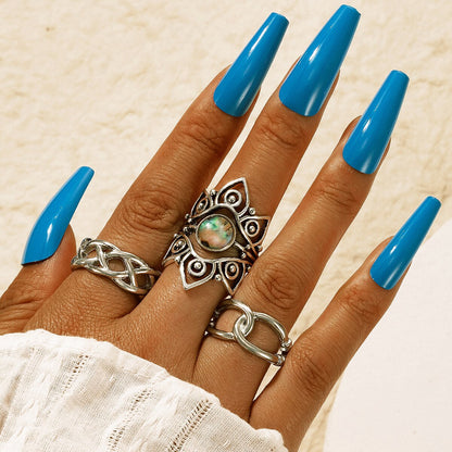 Boho Finger Jewelry Crown Geometric Rhinestone Leaf Women Ring Sets Hollow Stacking Finger Rings Vintage Silver Color