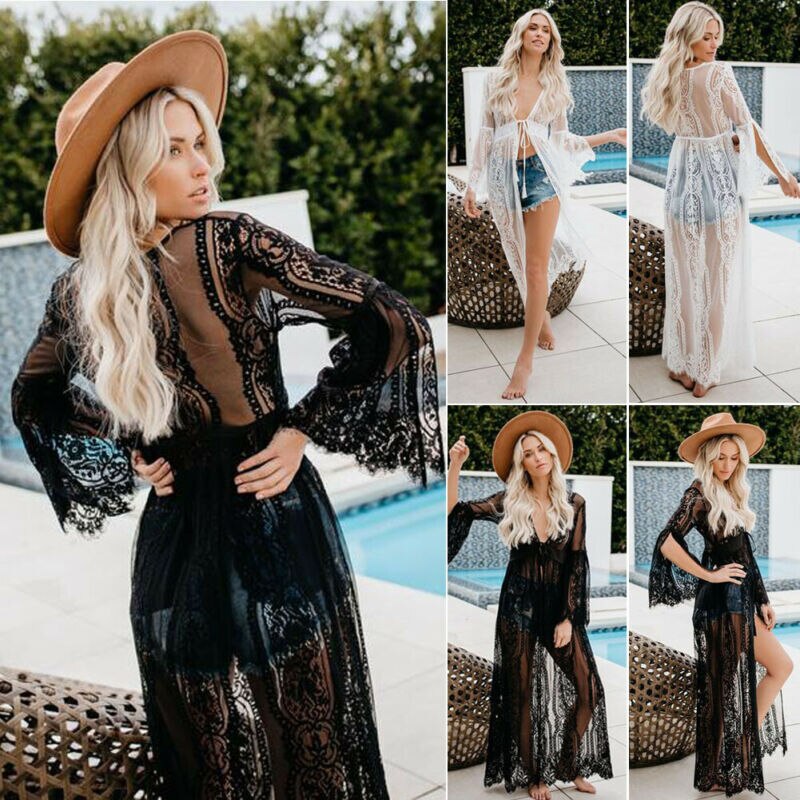 Women Lace Crochet Beach Bikini Cover Up Long Kaftan Dress Summer Kimono Maxi Dress Bathing Suit Beachwear maios de banho