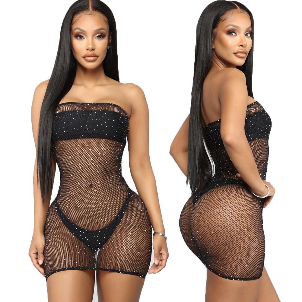 Shiny Bronzing Bandeau Fishnet Mesh Sheer Bikini Cover Up See Through Swimsuit