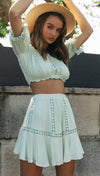 Bohemian Casual Beach Skirts 2Pcs Sets Lace Off Shoulder Crop Tops and Short Pleated Skirt