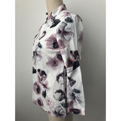 Office Shirt Floral Printed Shirt Casual Long Sleeve Round Collar Tops