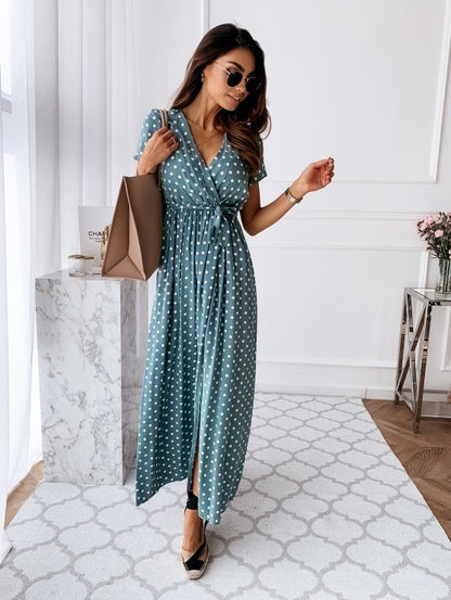 2020 New Casual Women Long Maxi Dress High Waist Female Loose Summer Split Holiday Dress Dot Print V Neck New Chic Beach Dresses