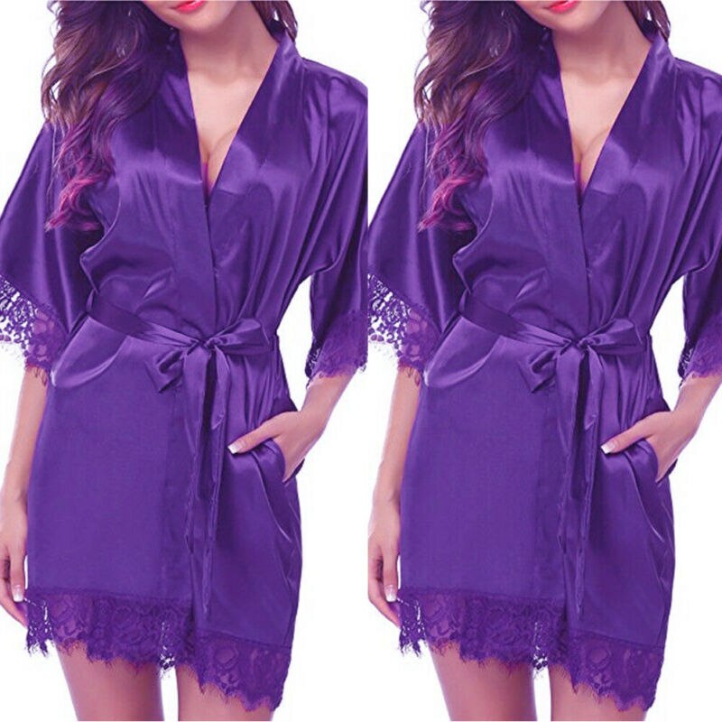 Satin Lace Sexy Sleepwear Lingerie Night Mini Solid Dress V Neck Nightgown Gown