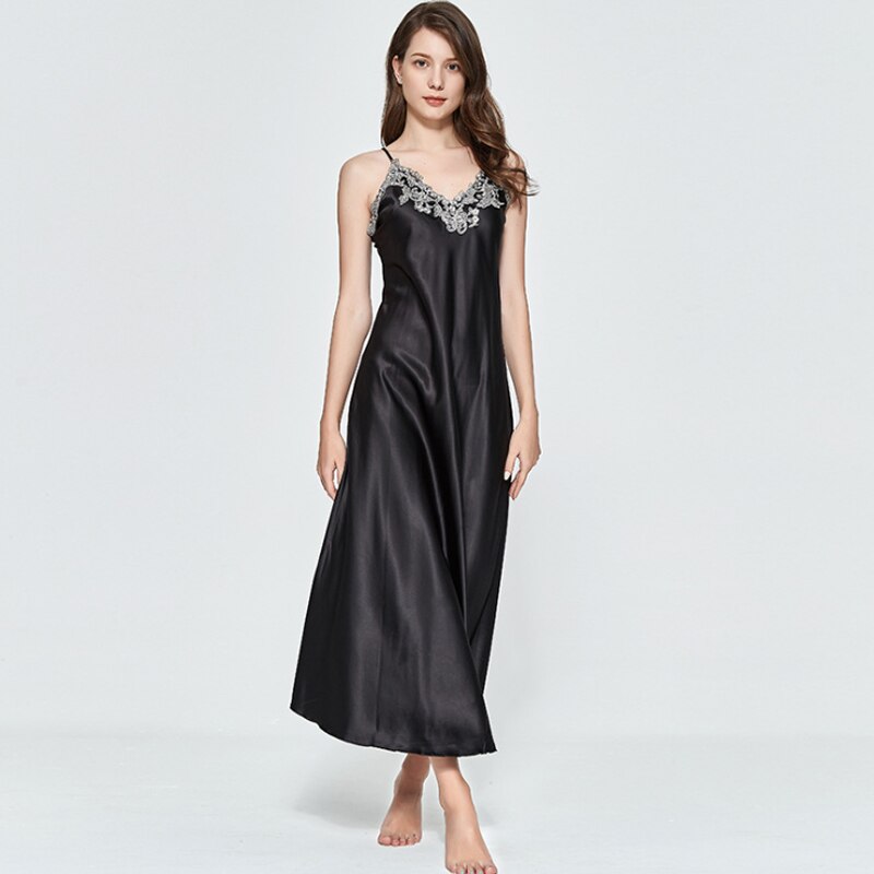 Hot Sale High Quality Women Satin Silk Lace V-neck Spaghetti Strap Night Dress Nightdress Sleepwear Ladies Long Nightgown