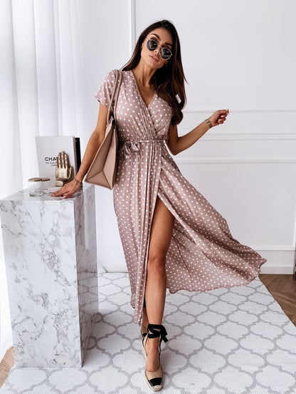 2020 New Casual Women Long Maxi Dress High Waist Female Loose Summer Split Holiday Dress Dot Print V Neck New Chic Beach Dresses