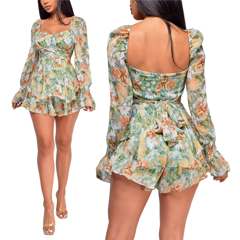 Women’s Sexy Square Collar Backless Jumpsuit Fashion Flower Bandage High Waist Long Sleeve Playsuit