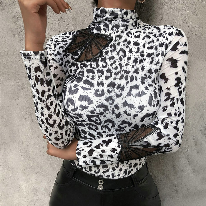 Leopard Print Turtleneck Blouse Spring Long Sleeve Shirts Blouse