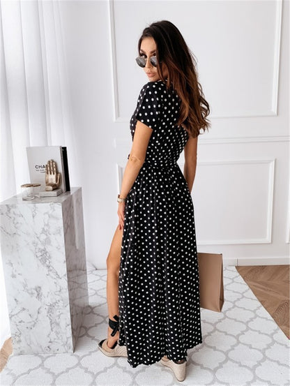 Polka Dot Split Boho Dress V-Neck Women Casual Beach Vacation Long Dresses