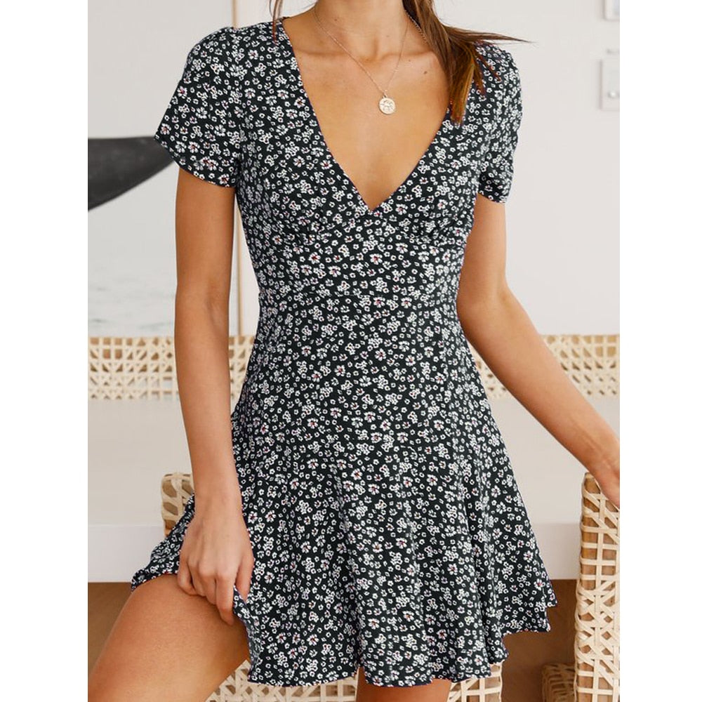 Women&#39;s Dress Summer V-Neck High Waist Short Dress for Party Holiday Casual Lady Slim Fit Flared Mini Dress A-Line Flowers/Dots