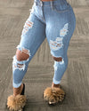 Solid Color Ripped Hole Tassel Stretch Mid-waist Denim Pencil Long Pants Trousers