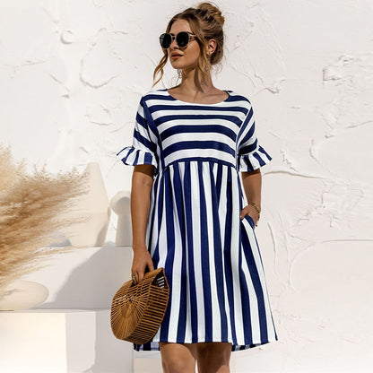 Cute Loose Striped Print Elegant A Line Patchwork Ruffles Sleeves Dresses