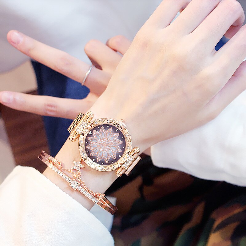 Rose Gold Flower Dial Clock Women Quartz Wrist Watches Box Set