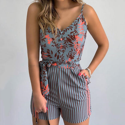 Women's Summer Print Jumpsuit Casual Slim Short Sleeve V-Neck Rompers