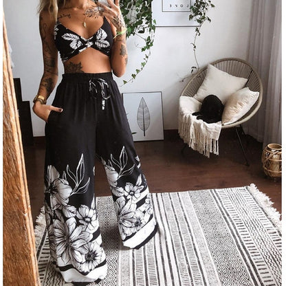 2022 Summer Women Fashion 2 Pieces Set Boho Print Sexy Sleeveless Crop Top Loose Wide Leg Pants Suits Female Clothing