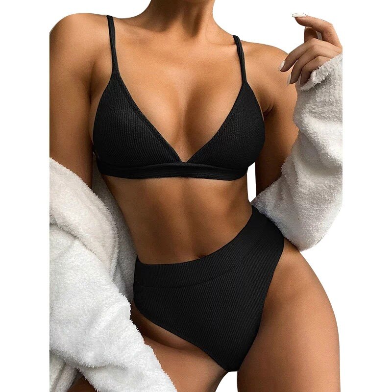 High Waist Bikinis Swimsuits Push Up Swimwear Women Strap Bathing Suit Women Solid Bikini Set