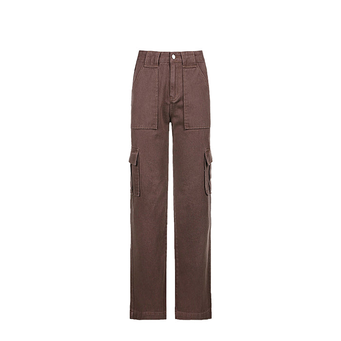 Brown Vintage Baggy Jeans Women 90s Streetwear Pockets Wide Leg Cargo Pants Y2K High Waist Straight Denim Trousers 2021