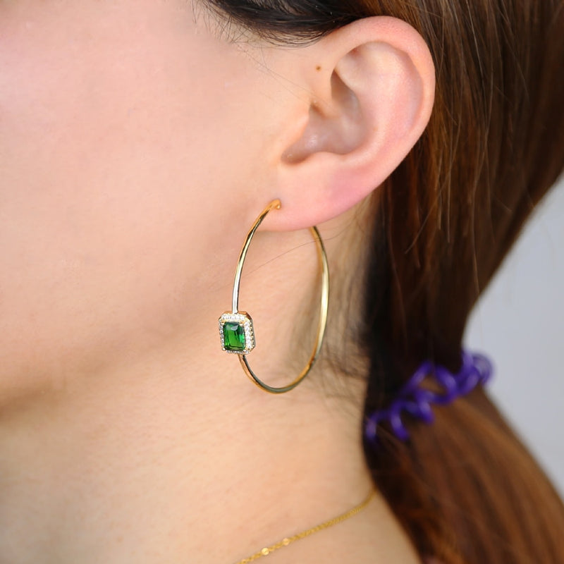 Gold color green baguette cz hoop earring