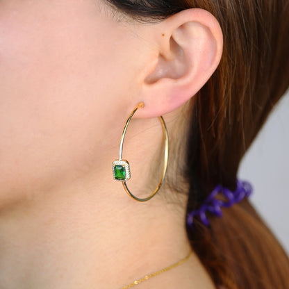 Gold color green baguette cz hoop earring