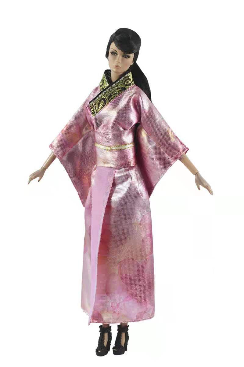 11.5&quot; Cosplay Pink Japanese Robe Traditional Kimono Doll Dress For Barbie Clothes Long Yukata Costume 1/6 BJD Accessories Toys